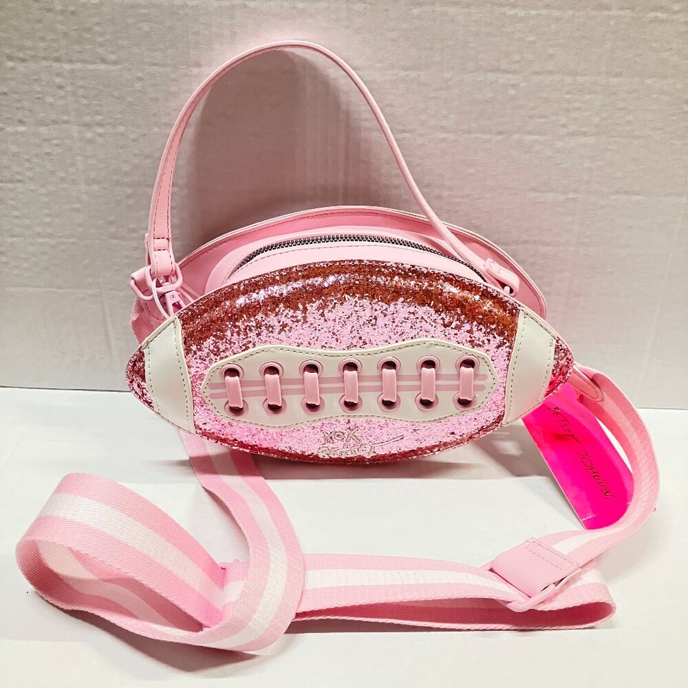 Betsey Johnson XOTEAM Kitsch Glitter Football Web Strap Shoulder Bag